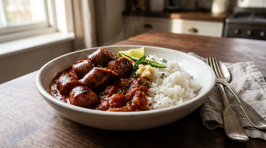 Rougail saucisse, tronçons de saucisse fumée dorés dans une sauce tomate brique, riz blanc