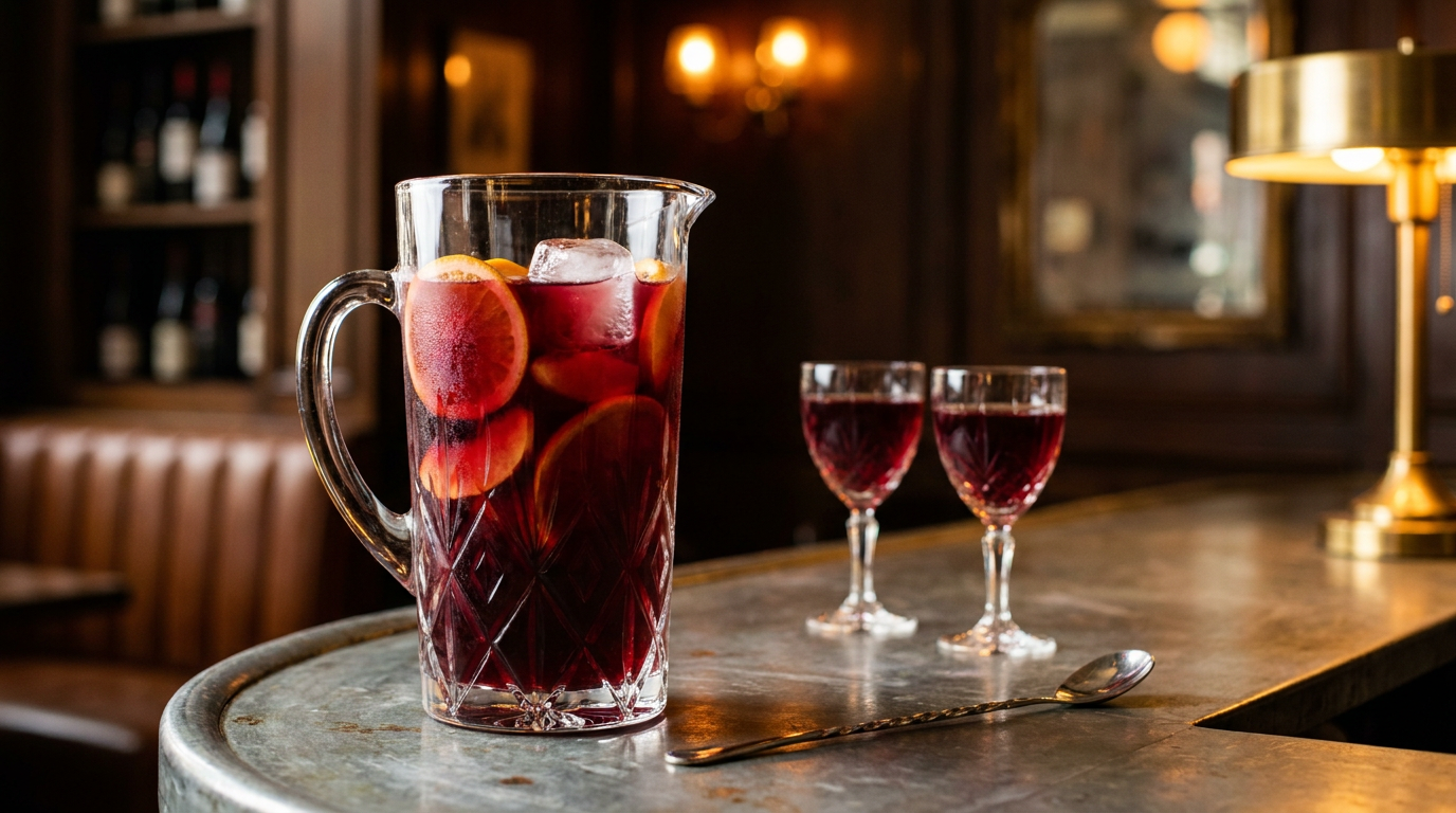 Grande carafe de cristal remplie de sangria pour 20 personnes, tranches d'orange et bloc de glace, sur un comptoir de zinc