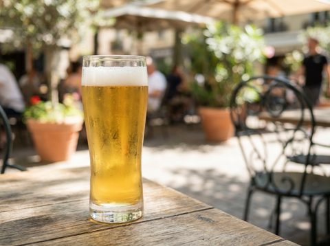 Panaché dans un grand verre à bière : moitié bière blonde moitié limonade, légère mousse, terrasse ensoleillée