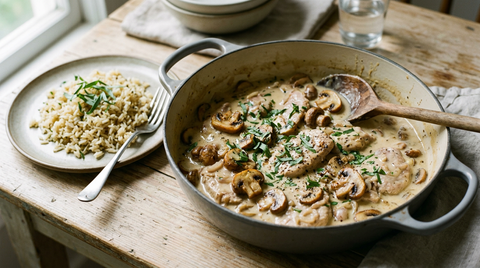 Sauté de veau aux champignons dans une cocotte : morceaux de veau en sauce crémeuse ivoire, lamelles de champignons dorées et estragon ciselé, assiette de riz pilaf à côté