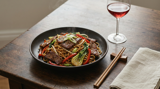 Assiette de nouilles sautées au bœuf, poivron, pak choï, verre de vin rouge léger