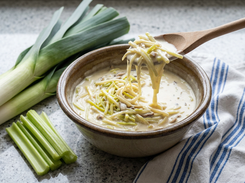 Sauce bretonne crémeuse à la julienne de poireau et céleri dans un bol en grès, poireaux frais et torchon breton rayé bleu
