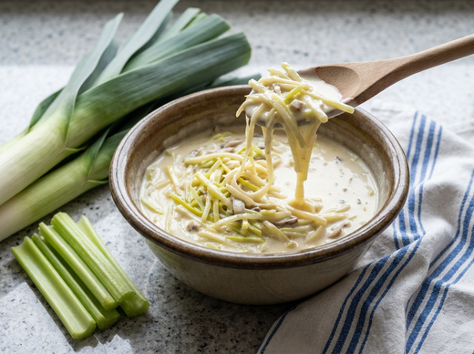 Sauce bretonne crémeuse à la julienne de poireau et céleri dans un bol en grès, poireaux frais et torchon breton rayé bleu