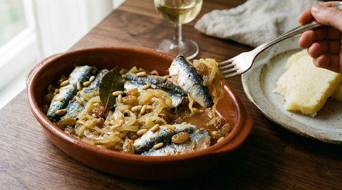 Plat ovale en terre cuite garni de filets de sardines frites alternés avec une épaisse couche d'oignons blonds fondus, pignons de pin et raisins secs dorés dessus, feuille de laurier, fourchette soulevant un filet couvert d'oignons