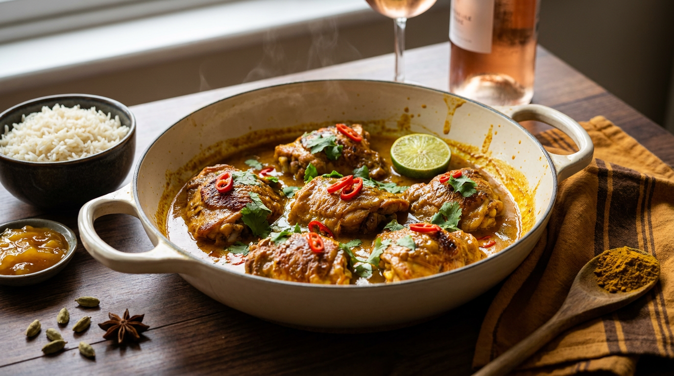 Poulet au curry dans une cocotte émaillée, cuisses dorées dans une sauce dorée nappante, coriandre, citron vert et riz à côté
