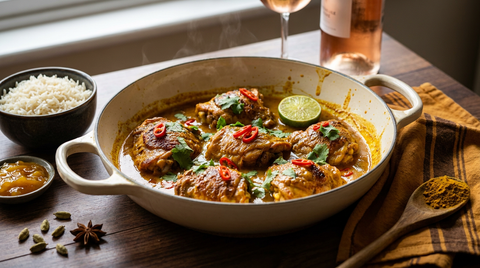 Poulet au curry dans une cocotte émaillée, cuisses dorées dans une sauce dorée nappante, coriandre, citron vert et riz à côté