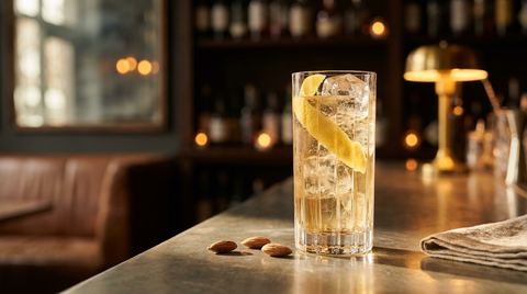 Grand verre rempli de glace et d'un tonic ambré pétillant, long zeste de citron dans le verre, amandes posées à côté, sur un comptoir de zinc patiné