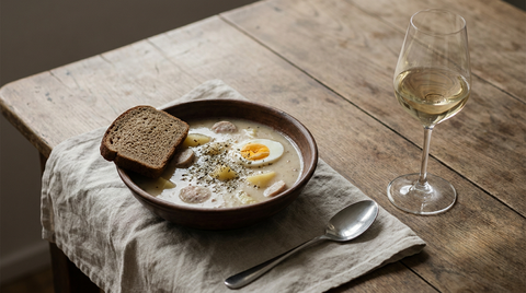 Żurek polonais, soupe beige dans un bol en terre avec saucisse blanche, pommes de terre, demi-œuf dur et marjolaine, pain de seigle, verre de vin blanc, table de bois