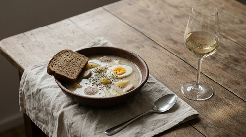 Żurek, la soupe aigre polonaise : un levain de seigle fermenté quatre jours dans un bocal, de la saucisse blanche, un œuf dur et de la marjolaine