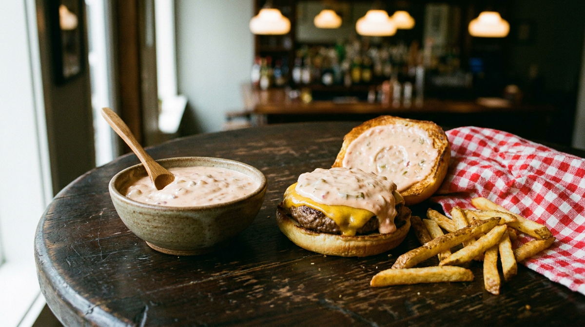 Petit bol en grès de sauce burger maison rose orangé, épaisse, parsemée de morceaux de cornichon et d'oignon, une cuillère dedans, un burger ouvert nappé de sauce et des frites à côté, table de bistrot en bois, lumière chaude