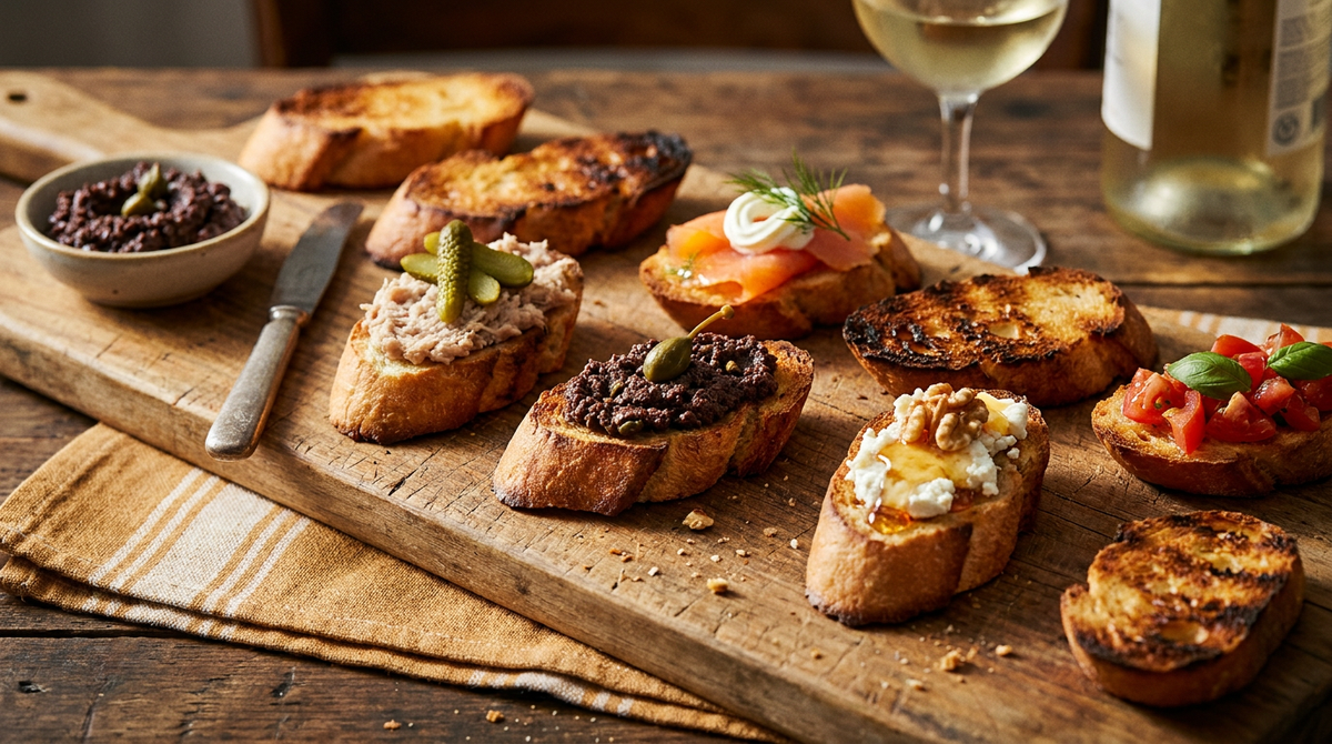 Planche de toasts apéritifs au pain bien doré, garnis de tapenade, rillettes, saumon fumé, chèvre au miel et tomate