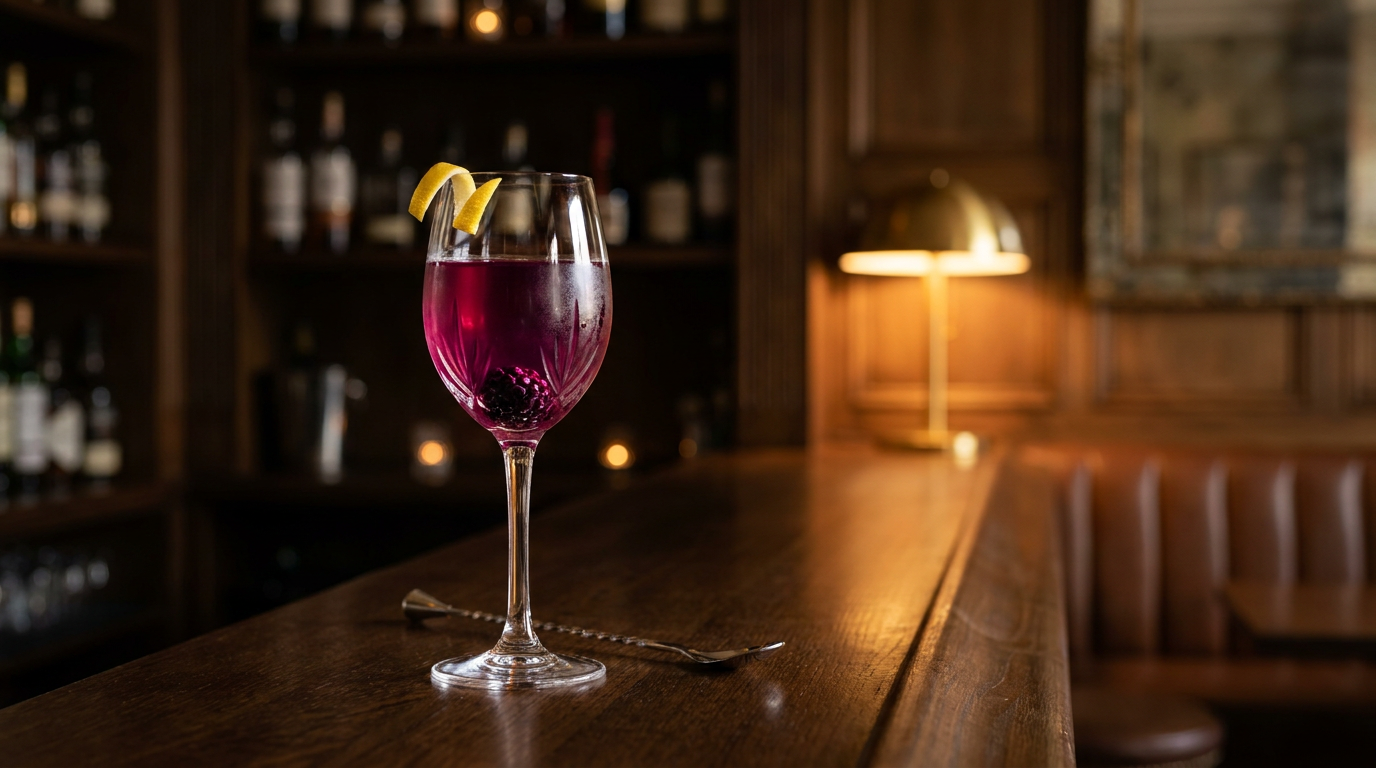 Communard servi dans un verre à vin en cristal sur le comptoir d'un caviste