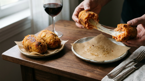 Trois croquettes de riz panées dorées, l'une rompue à la main et soulevée laissant un long fil de mozzarella fondue tendu entre les deux moitiés, riz au coulis de tomate visible à l'intérieur
