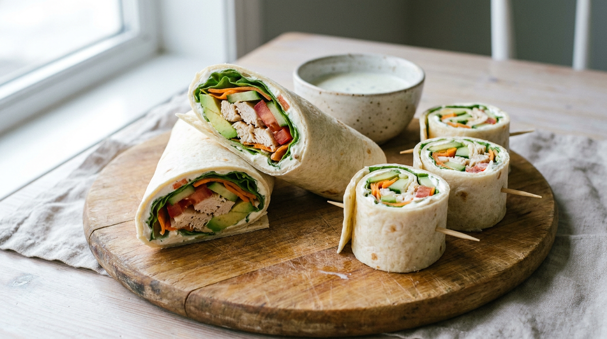 Wraps froids coupés en biais sur une planche de bois, tortillas roulées serré laissant voir les couches de fromage frais, poulet, avocat, tomate et salade, piques en bois, bol de sauce au yaourt, table claire, lumière du midi