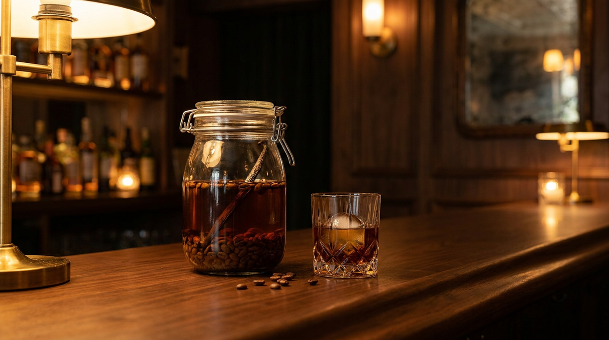Bocal de rhum arrangé au café, grains de café entiers dans le rhum brun, sur un comptoir de noyer poli, petit verre servi, quelques grains sur le comptoir, bar chaleureux flou