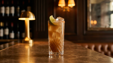 Paloma al tamarindo ambré dans un verre haut, quartier de citron vert et sel au piment, comptoir de marbre fauve