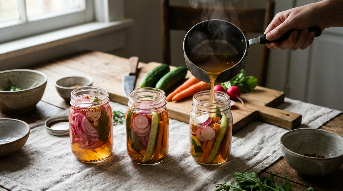 Pickles express dans trois bocaux, oignon rouge devenu rose vif, cornichon, carotte et radis dans une saumure dorée, casserole versant la saumure fumante sur les légumes crus