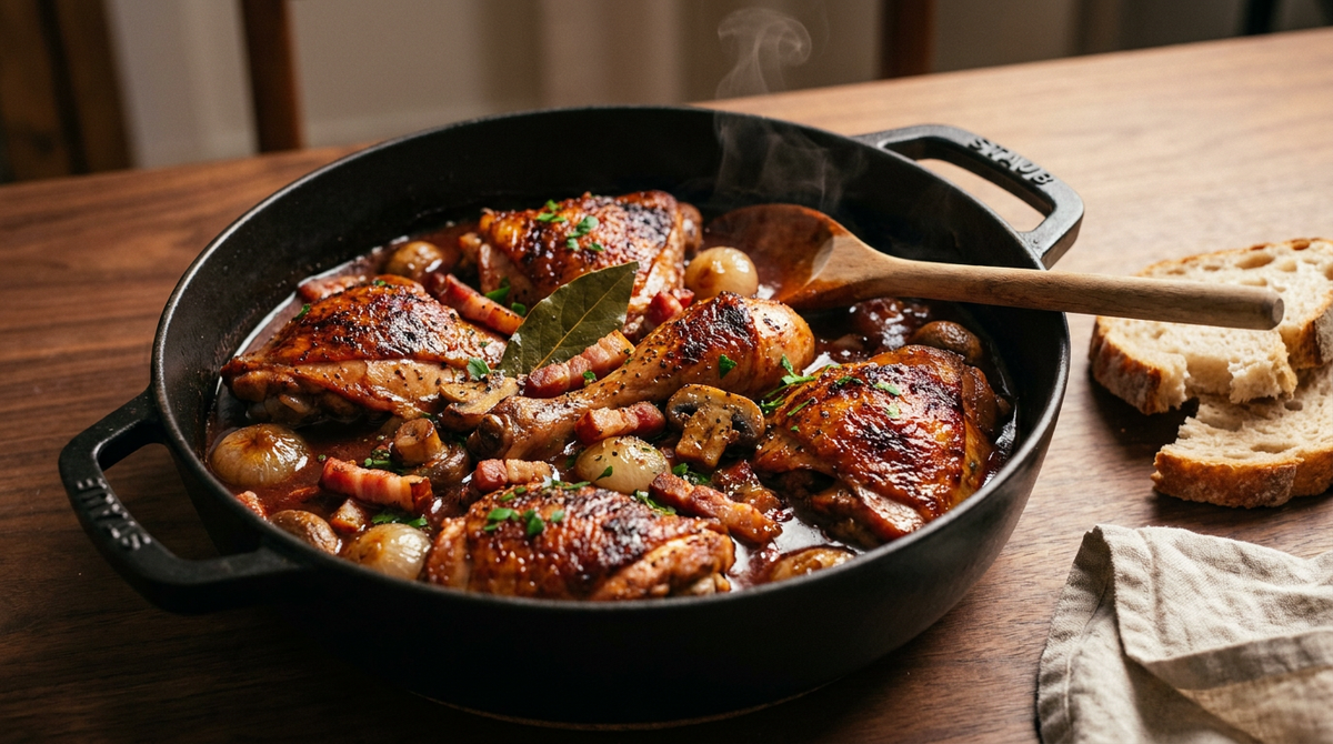 Poulet en barbouille, sauce rouge brun réduite, lardons, petits oignons et champignons