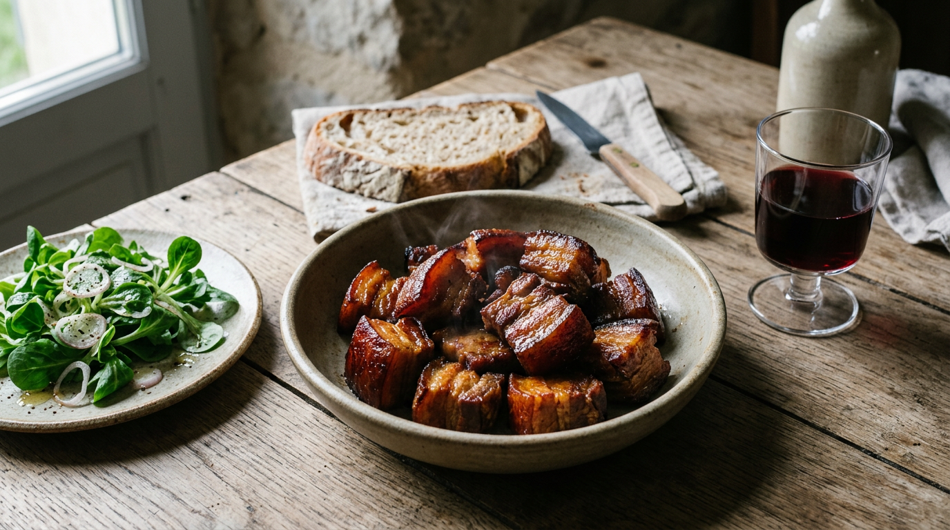 Rillons de porc laqués brun acajou dans un plat en grès, encore fumants, servis avec une salade de mâche aux échalotes, du pain de campagne et un verre de rouge jeune