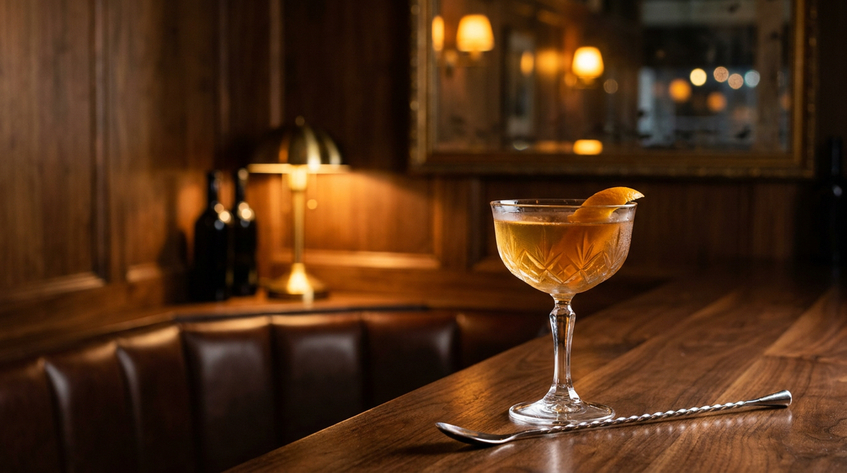 Tipperary cocktail ambré aux reflets verts dans une coupe à pied, zeste d'orange sur le bord, comptoir de noyer poli, boiseries et lampe de laiton floues derrière