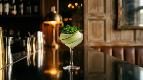 Eastside vert pâle dans une coupe, concombre et menthe fraîche, sur un comptoir de bar en granit noir