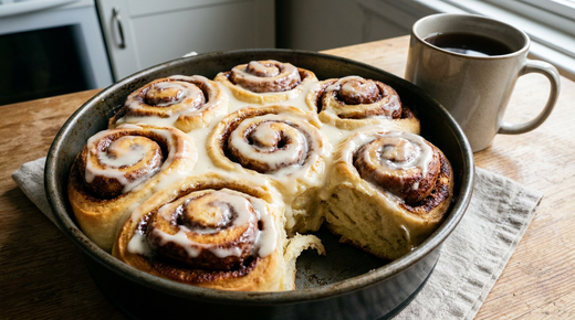 Moule rond de cinnamon rolls américains, six spirales de brioche dorées au ruban de cannelle caramélisée, glaçage au fromage frais fondant et coulant entre les rouleaux, un roll détaché, tasse de thé en grès, table en bois