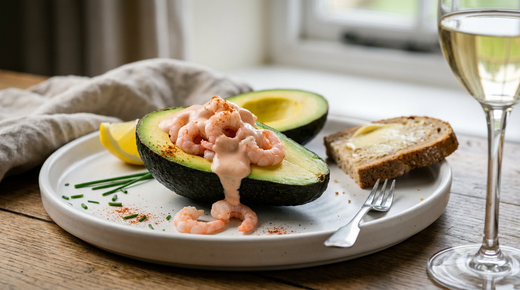 Demi-avocat garni de crevettes roses à la sauce cocktail débordant sur l'assiette, ciboulette, paprika, quartier de citron, tranche de pain de seigle beurrée, fourchette à plat, verre de vin blanc pâle, table en bois