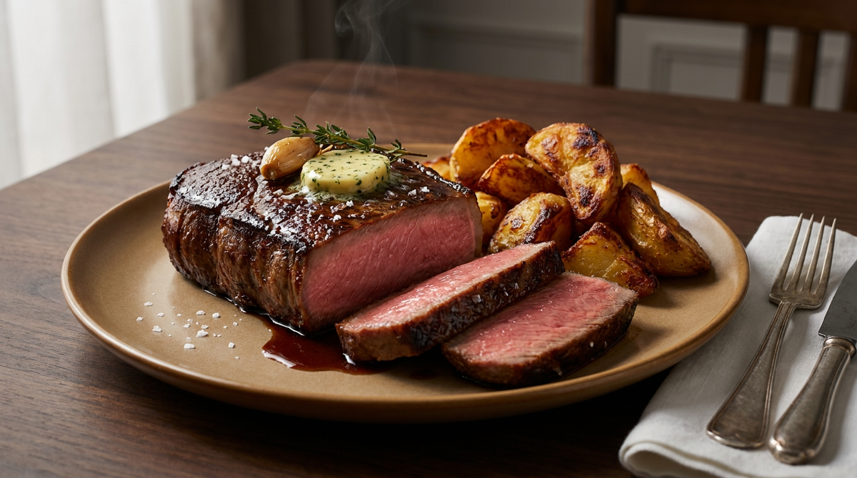 Pavé de rumsteck tranché, croûte brune, centre rosé, beurre aux herbes et pommes de terre rôties