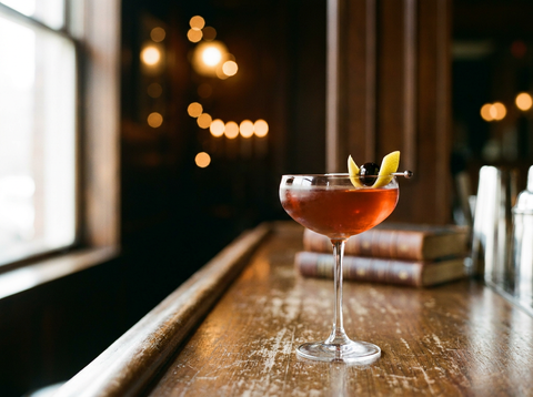 Cocktail Martinez au gin dans une coupe avec cerise et zeste de citron, ambiance de bar vintage