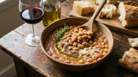 Pasta e fagioli dans un bol en terre, soupe épaisse de haricots borlotti et de petites pâtes, romarin, filet d'huile d'olive verte, parmesan râpé, pain, verre de rouge, table de bois rustique, lumière chaude