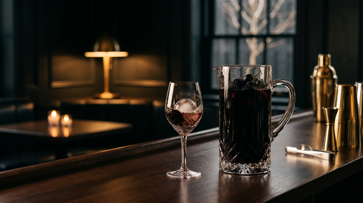 Pichet de sangria noire aux mûres et au raisin noir et verre à vin servi devant, sur un comptoir de caviste, bar dans la pénombre éclairé à la bougie
