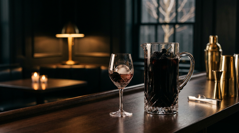 Pichet de sangria noire aux mûres et au raisin noir et verre à vin servi devant, sur un comptoir de caviste, bar dans la pénombre éclairé à la bougie