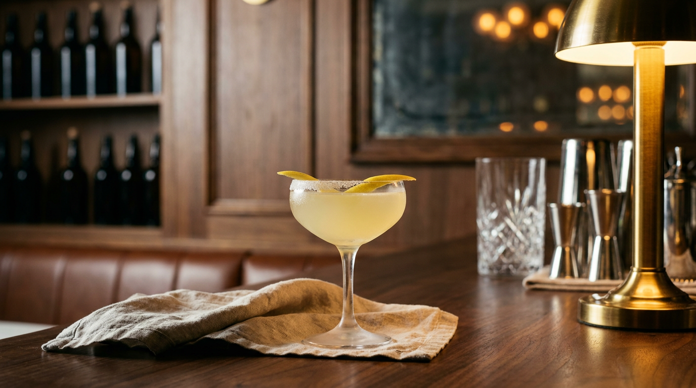 Lemon Drop sans alcool jaune pâle dans une petite coupe, croute de sucre sur la moitié du bord, zeste de citron, table en noyer sombre