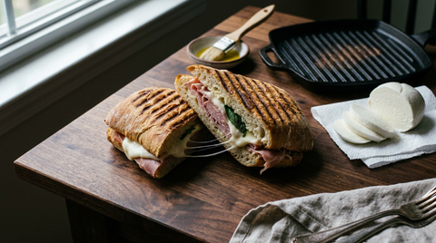 Panini italien coupé en deux en diagonale sur une planche en bois sombre, marques de gril brunes bien nettes, mozzarella filante entre les deux moitiés, jambon cotto et basilic, gril en fonte strié.