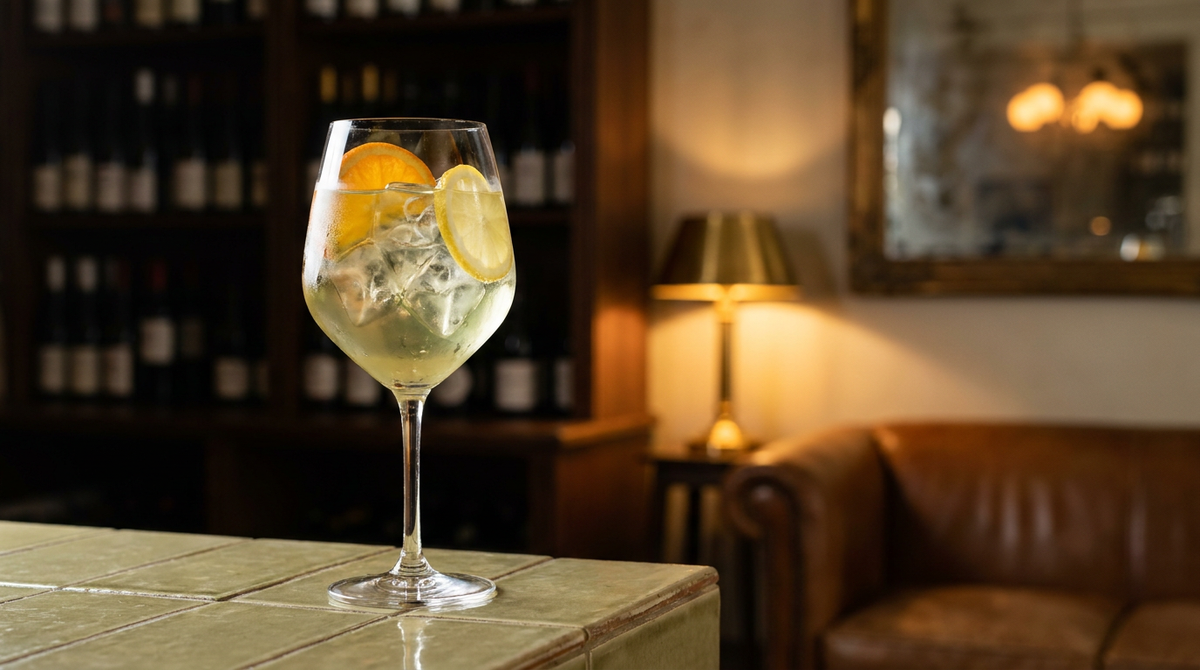 Sangria blanche portugaise dans un grand verre à vin, orange et citron, carrelage vert olive pâle