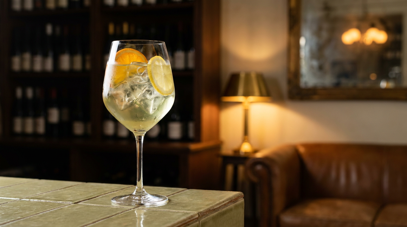 Sangria blanche portugaise dans un grand verre à vin, orange et citron, carrelage vert olive pâle