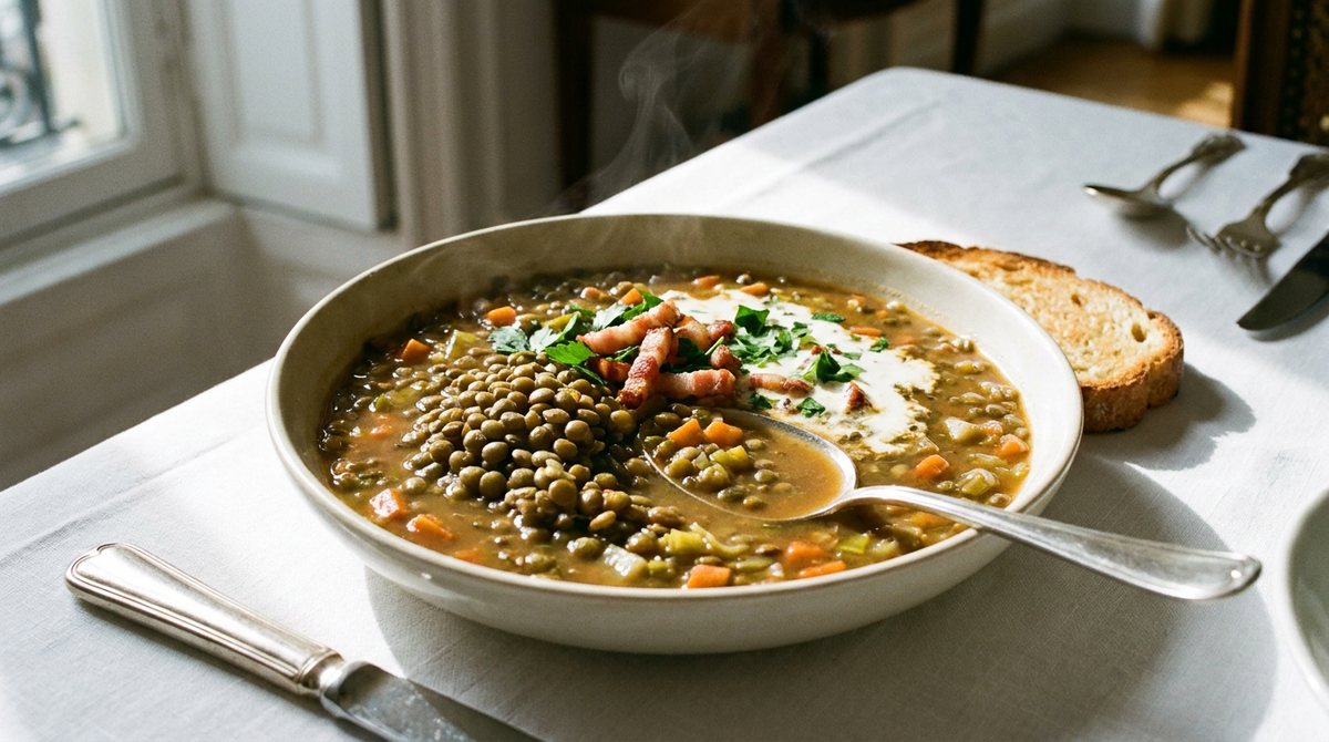 Soupe de lentilles vertes en grains entiers dans un bol, dés de carotte, lardons, crème et persil, cuillerère plantée dedans, pain grillé