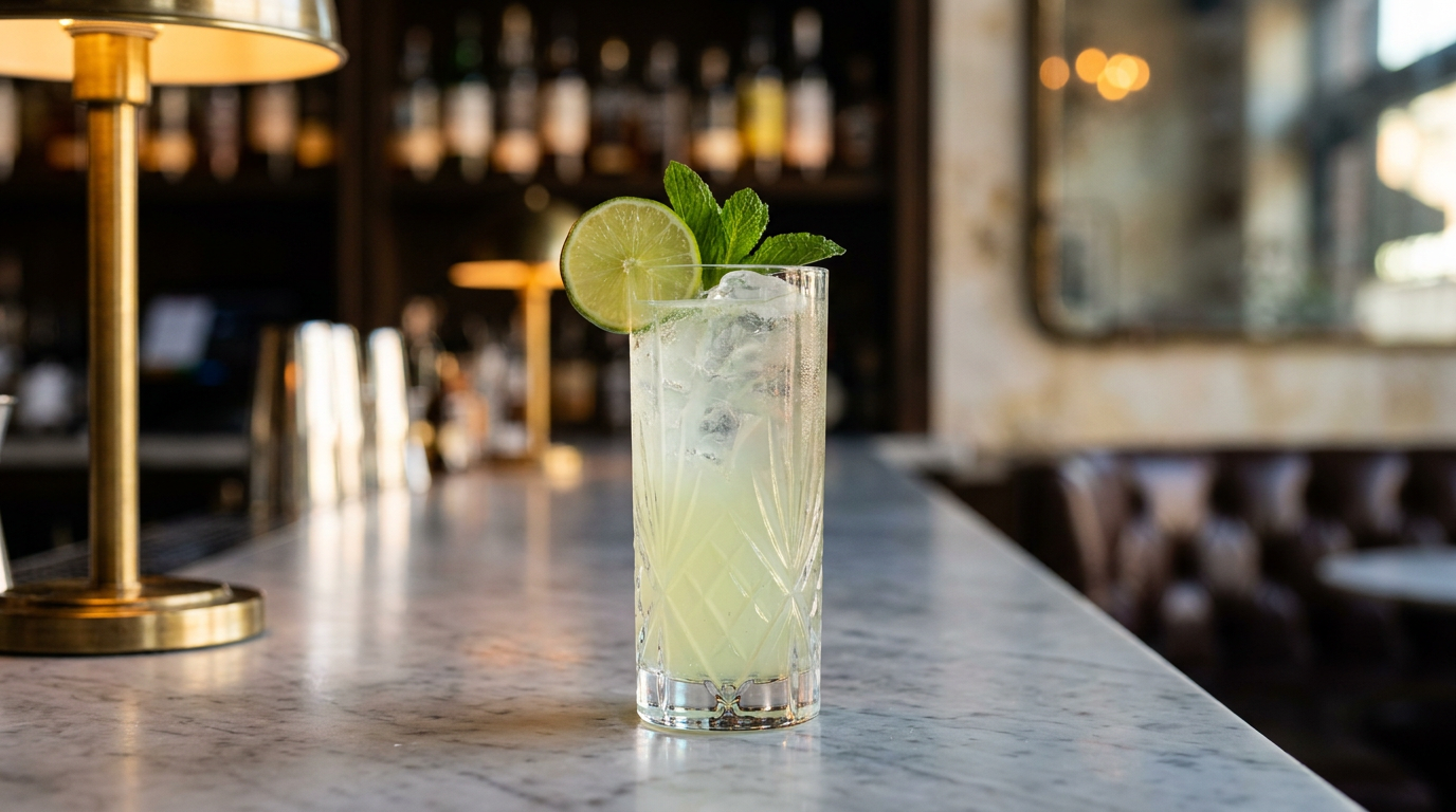 Grand verre de glace et de tonic vert pâle lumineux, rondelle de citron vert et brin de menthe sur le bord, sur un comptoir de marbre veiné