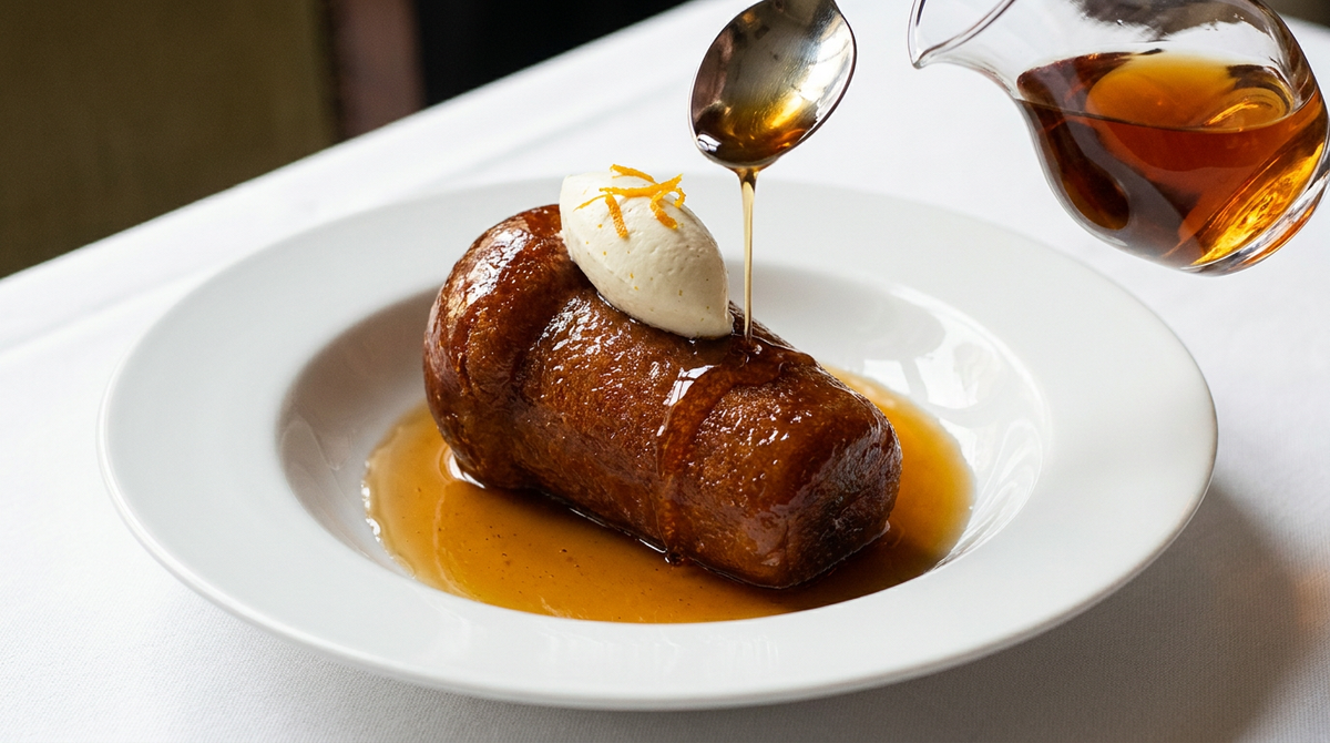 Baba au rhum brun ambré et luisant dans une assiette creuse, flaque de sirop, quenelle de chantilly et carafe de rhum