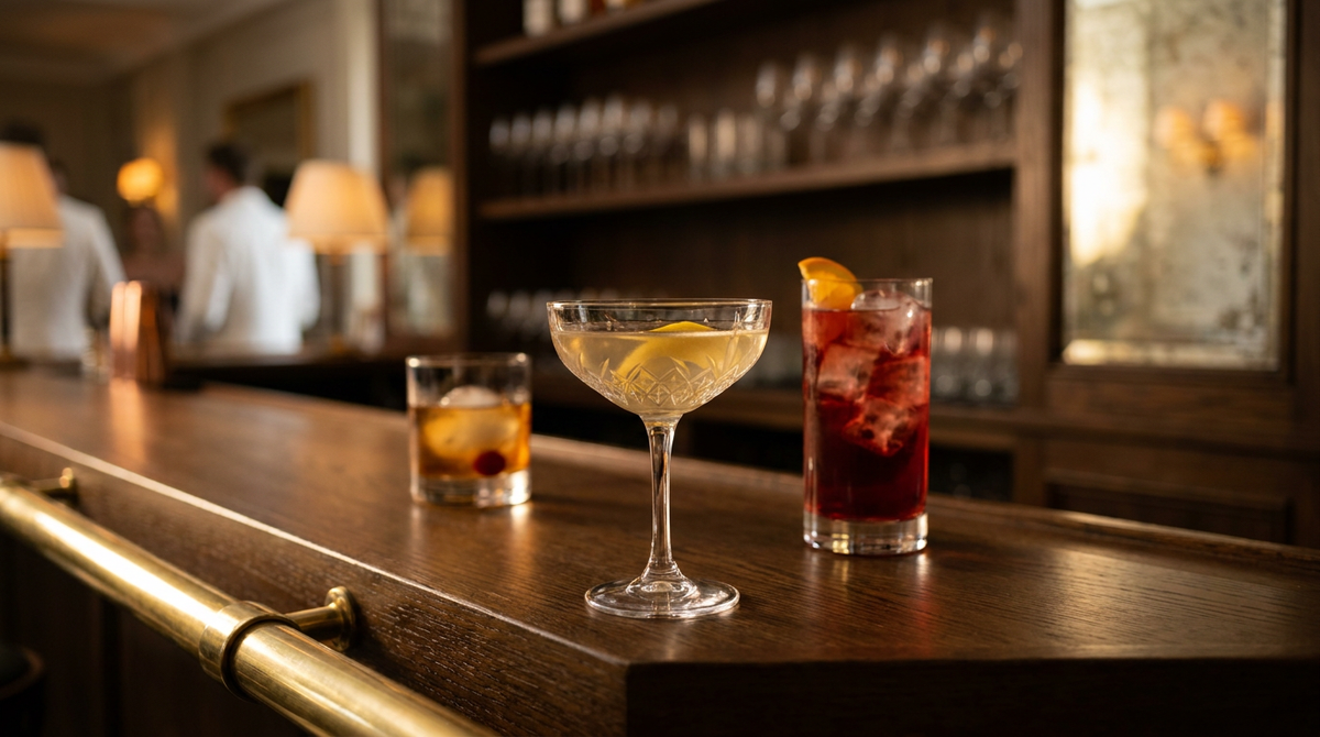 Trois cocktails sur un comptoir de chêne à barre de laiton, une coupe dorée au premier plan, un highball rouge et un verre ambré flous, dans un bar de réception