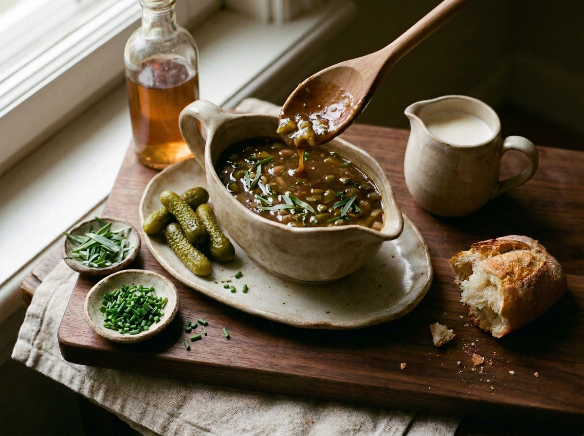 Sauce piquante brune aux cornichons et fines herbes dans une saucière en grès, cornichons entiers, ciboulette et estragon hachés