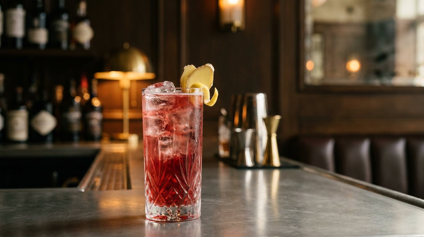 Grand verre de glace et de vin rouge au gingembre pétillant rouge rubis, tranche de gingembre et zeste de citron sur le bord, sur un comptoir d'étain bruni