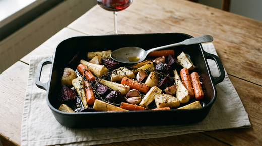 Plat en fonte de légumes racines rôtis, carottes, panais, betteraves et navets en gros morceaux caramélisés, thym et gousses d'ail en chemise, cuillère à plat, verre de vin rouge, table en bois