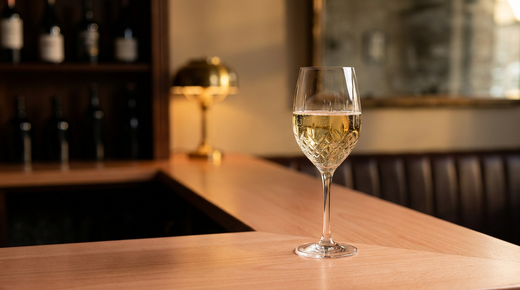Medio y Medio doré pâle et légèrement pétillant dans un verre à vin, sans glace ni décor, comptoir de hêtre rouge