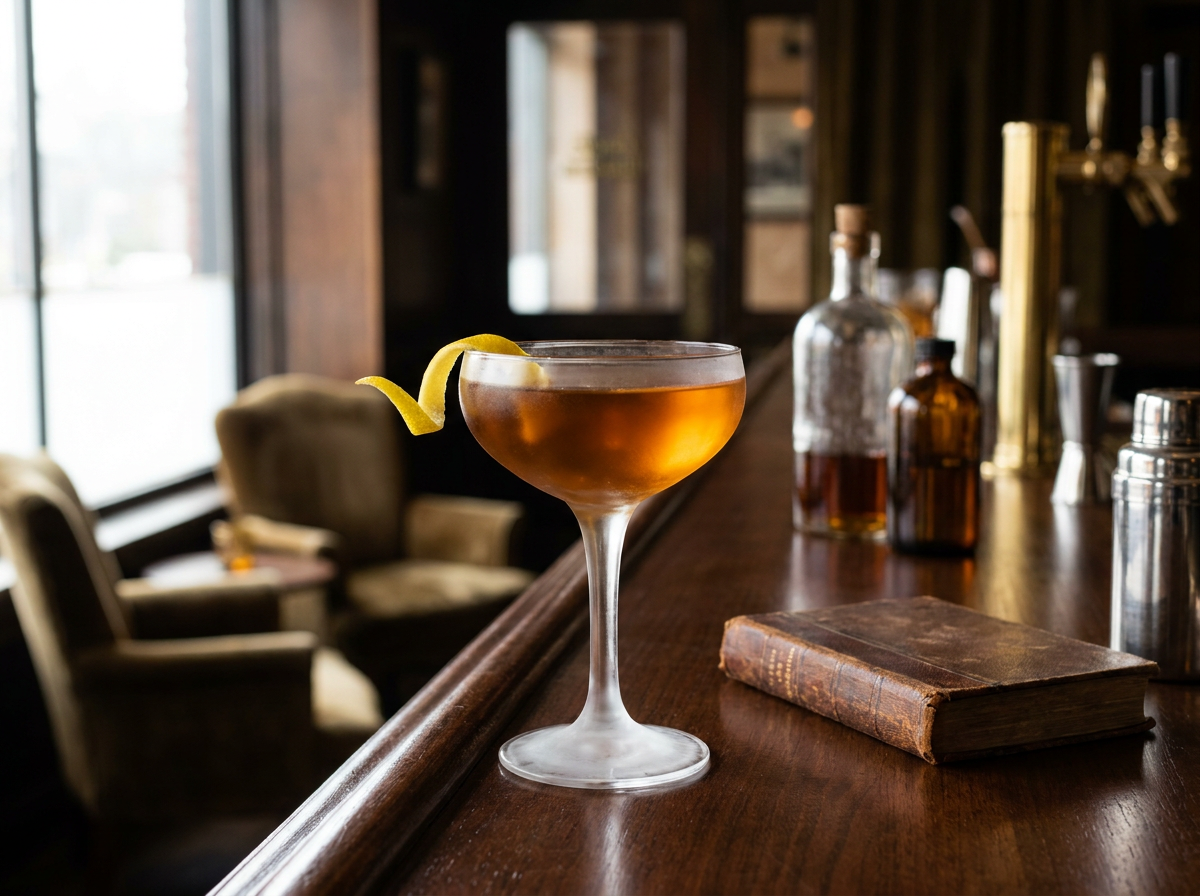 Cocktail Corpse Reviver n°1 ambré au cognac dans une coupe, ambiance de bar vintage