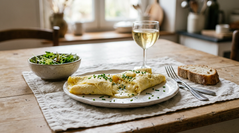 Omelette roulée à peine colorée, ouverte sur un intérieur baveux et crémeux avec du fromage fondu, ciboulette et salade verte, sur une table de cuisine familiale