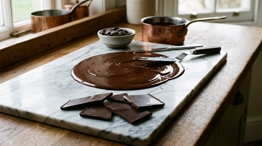 Chocolat noir fondu étalé sur un marbre blanc, palette et raclette à plat dans le chocolat, éclats de chocolat tempéré brillants cassés net, bol de pistoles et casserole en cuivre sur un plan de travail en bois