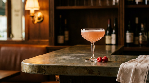 Duke of Marlborough dans une coupe de cristal sur un comptoir de zinc, deux framboises fraîches