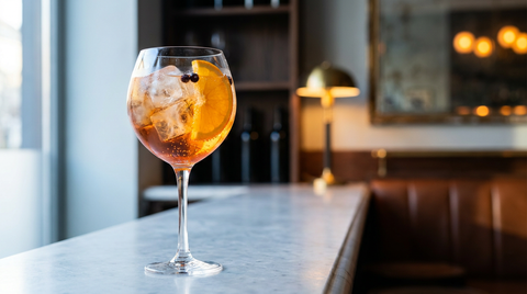 Cocktail Aperol et gin allongé au tonic, en verre copa, sur un comptoir de marbre gris