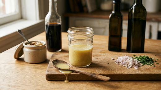 Vinaigrette maison dans un bocal en verre posé sur une planche, émulsion jaune pâle et brillante fouettée, cuillère en bois luisante qui s'égoutte, pot de moutarde ouvert, vinaigre, huile d'olive, échalote ciselée, table de bois clair